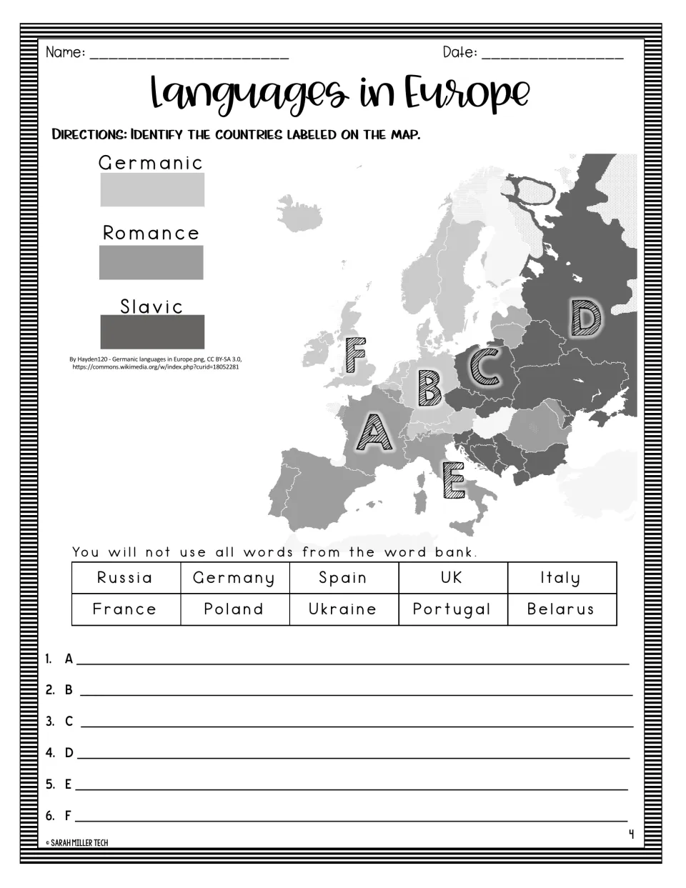 Map labeling: students identify countries A to F on a Europe map shaded by Germanic, Romance and Slavic language groups