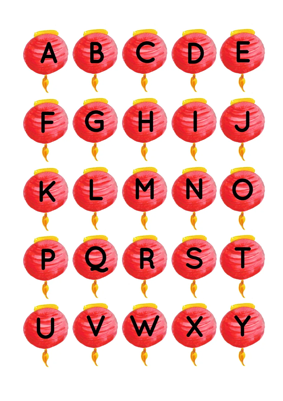 Phonics lantern sheet with 25 uppercase letters, A through Y, from the resource's letter and sound set