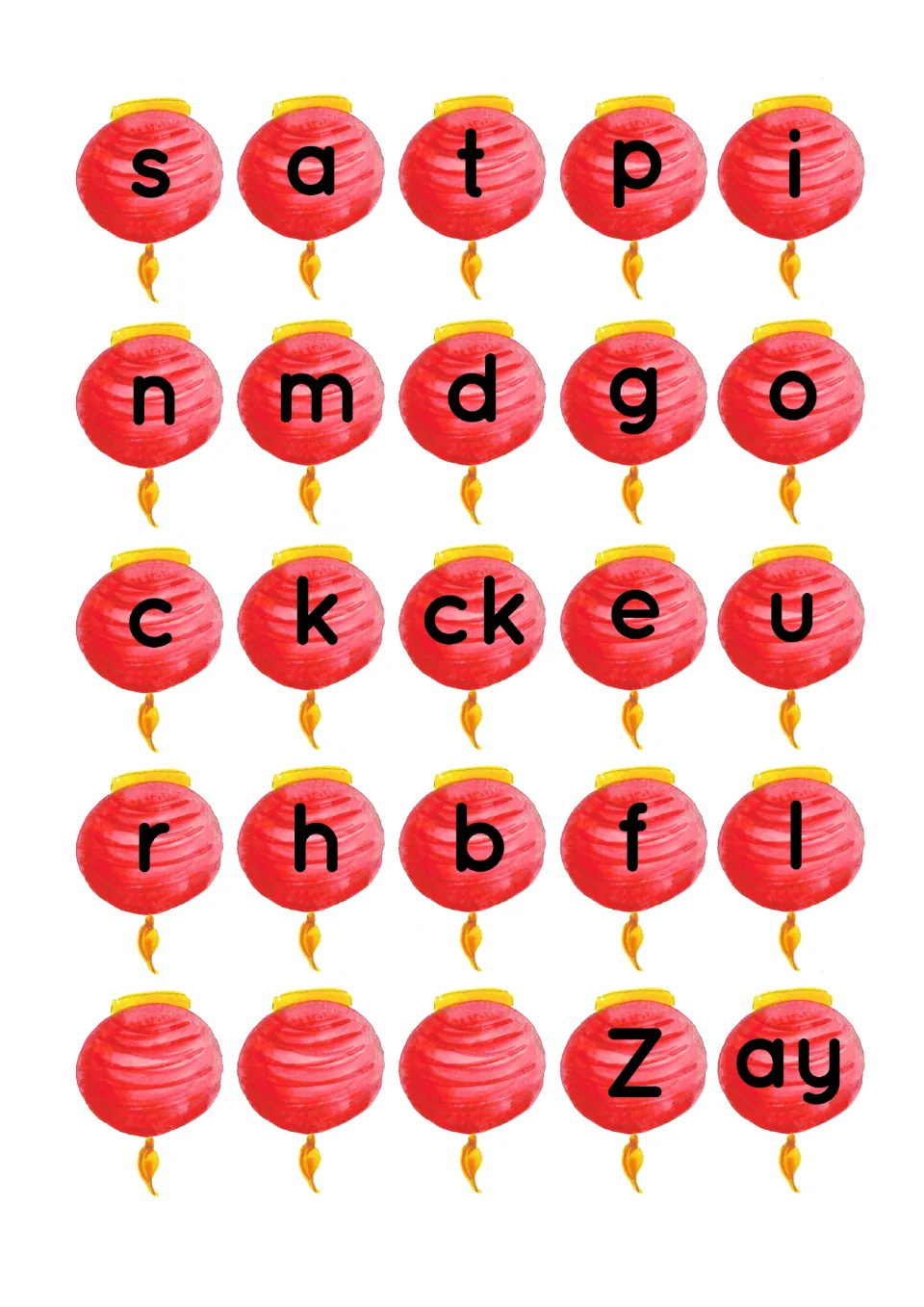 Phonics lantern sheet with lowercase letters, ck, uppercase Z, ay, and three blank lanterns in the set