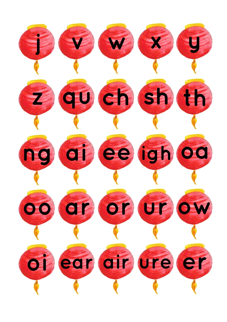 Phonics lantern sheet with j, v, w, x, y, z, qu, ch, sh, th, ng, ai, ee, igh, oa, oo, ar, or, ur, ow and five more