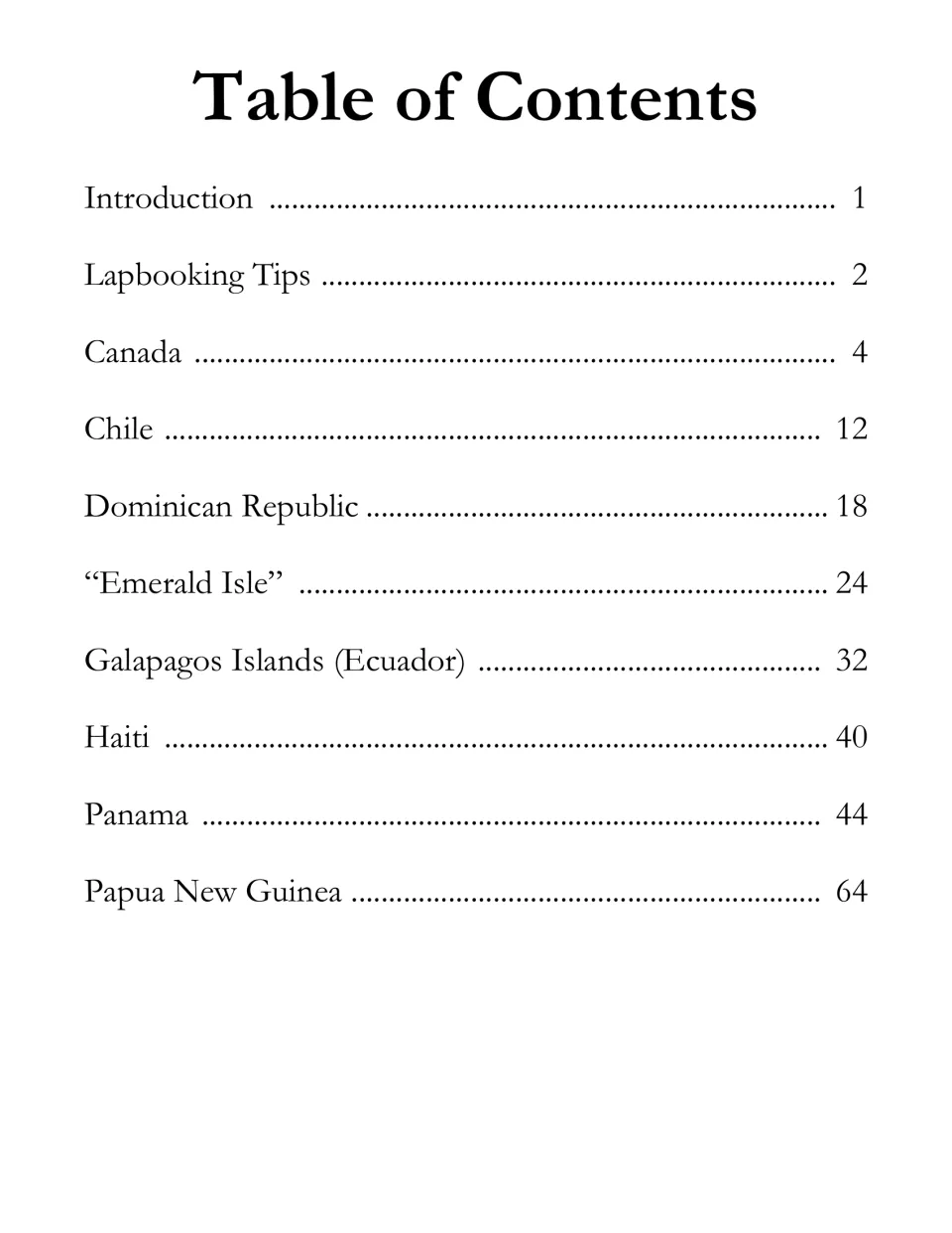 Table of contents listing the introduction, lapbooking tips, and eight destinations from Canada to Papua New Guinea
