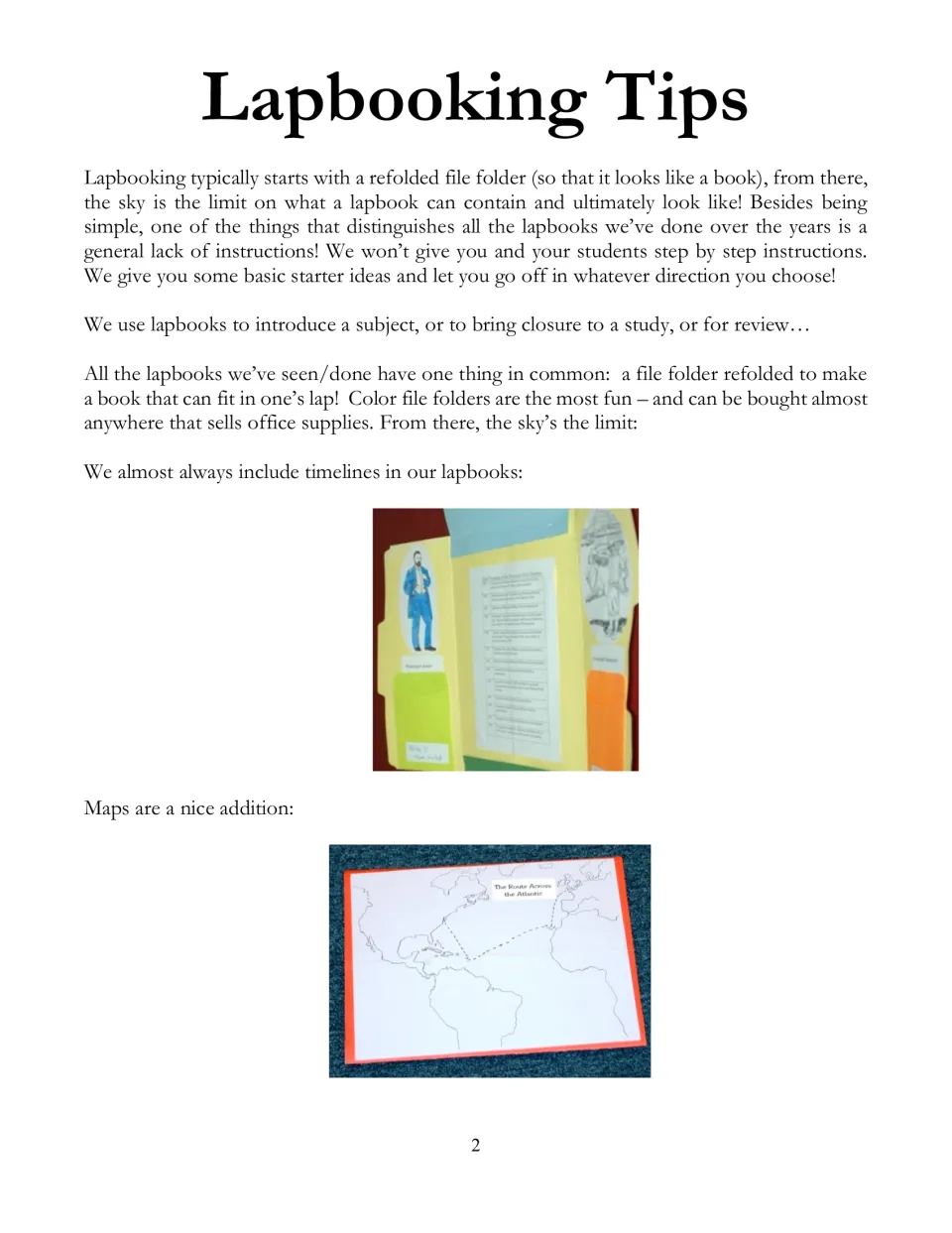Lapbooking tips explain refolding a file folder and adding timelines and maps, with photos of examples