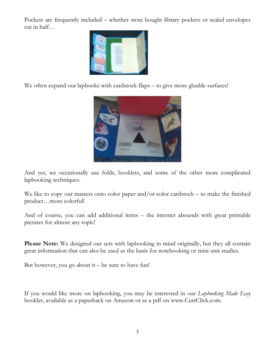 Continued lapbooking tips cover pockets, cardstock flaps, folds, booklets, and printing on colored paper