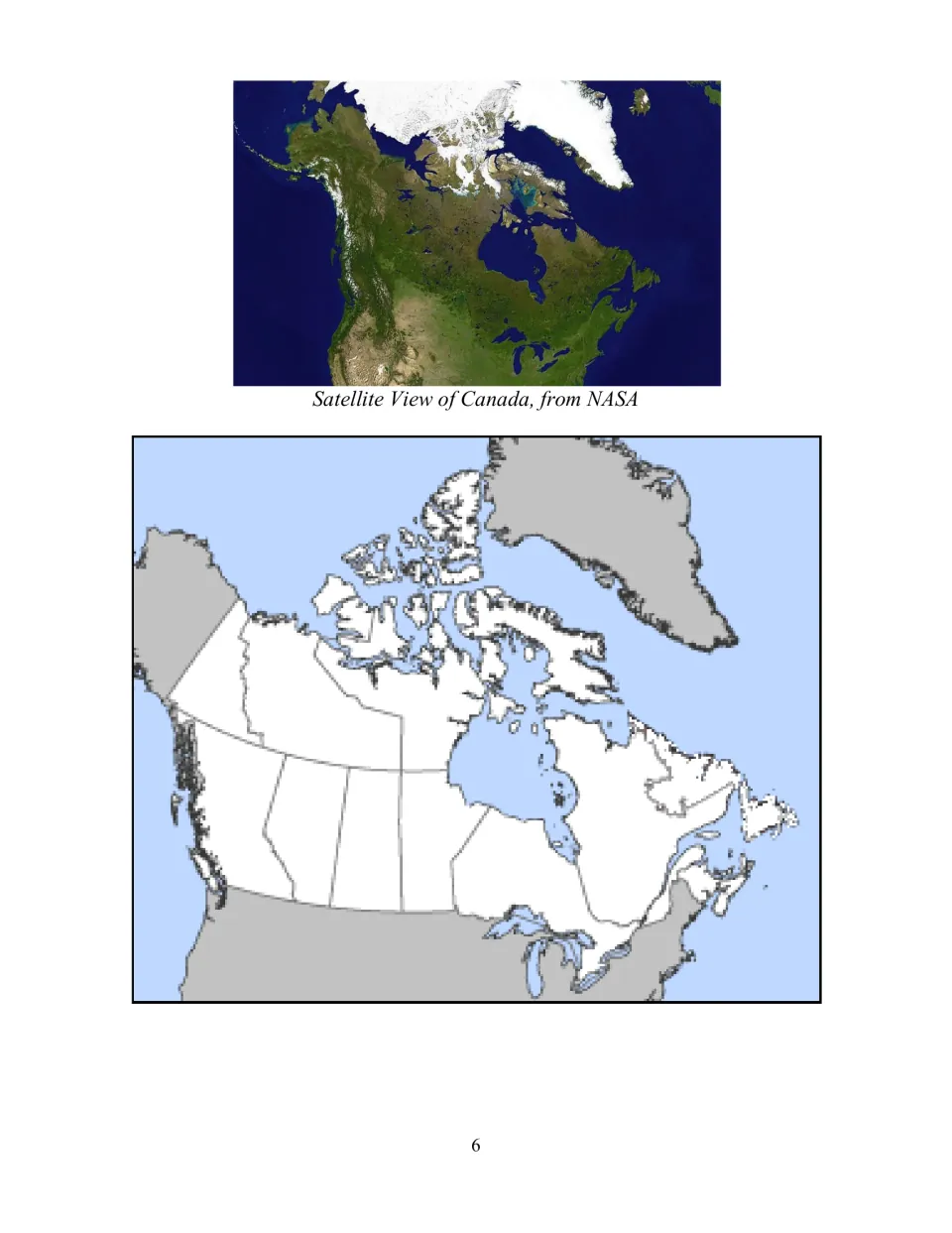 Canada lapbook map sheet pairs a NASA satellite view with an unlabeled map showing provincial and territorial boundaries