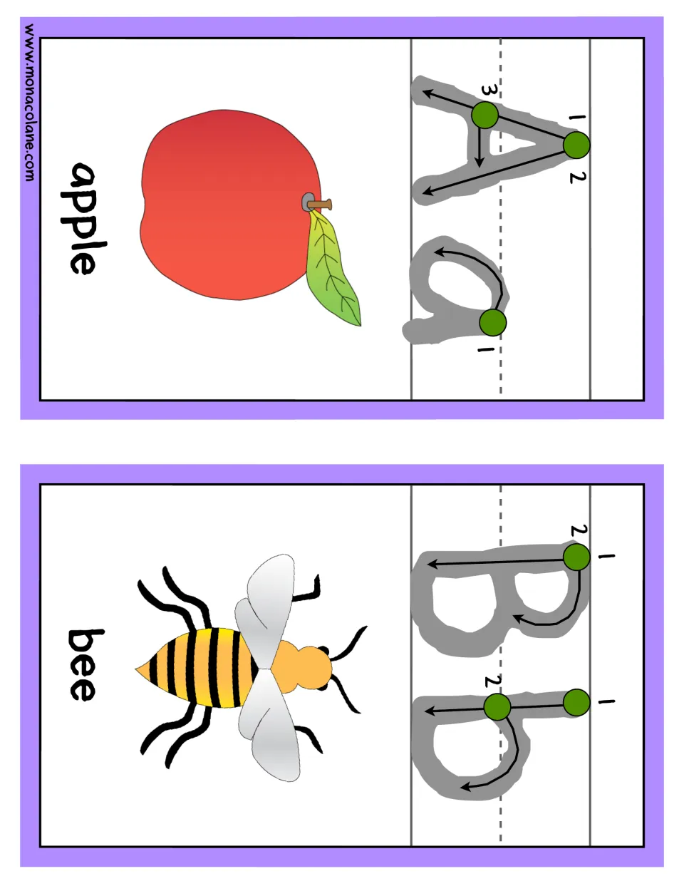 Letters A and B alphabet cards: Aa and Bb with numbered stroke-order arrows for tracing, shown with an apple and a bee