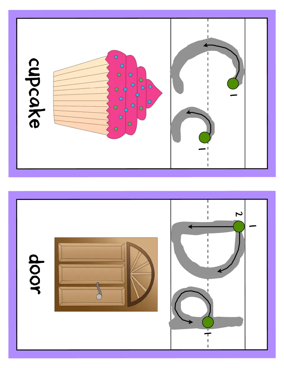 Letters C and D alphabet cards: Cc and Dd with numbered start points and arrows showing letter formation, cupcake and door