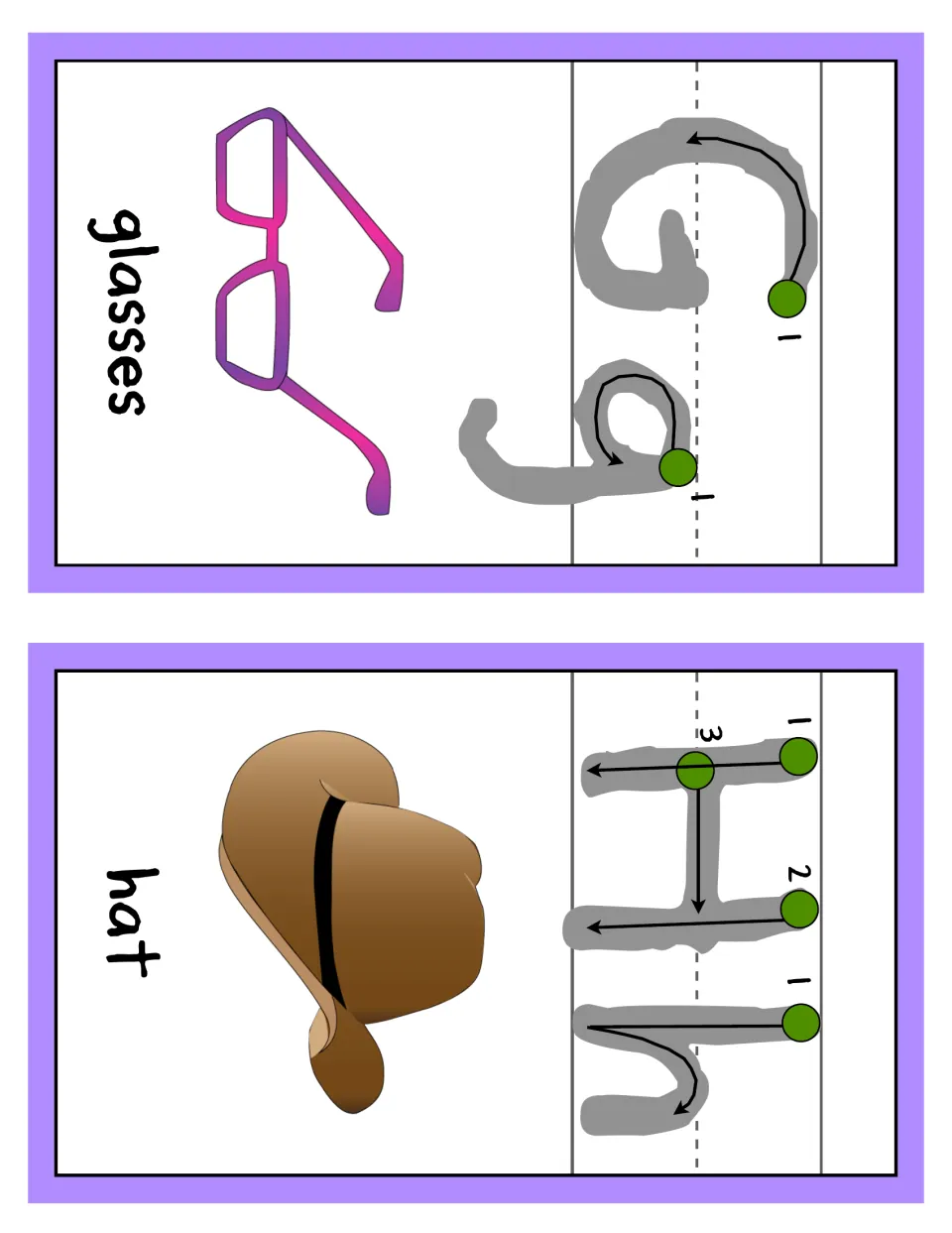 Letters G and H alphabet cards: Gg and Hh with numbered stroke-order arrows to show letter formation, glasses and a hat