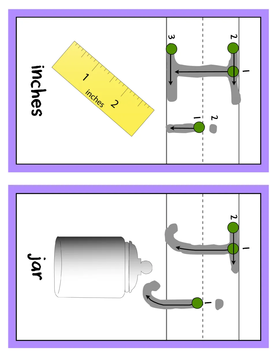 Letters I and J alphabet cards: Ii and Jj with numbered strokes and dot placement for tracing, a ruler for inches and a jar
