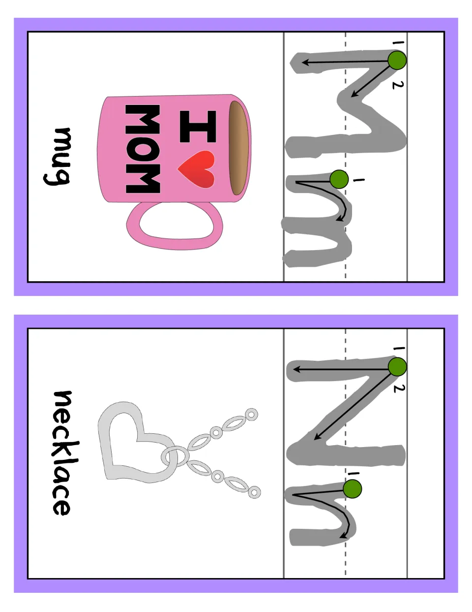 Letters M and N alphabet cards: Mm and Nn with numbered start points and arrows for letter formation, a mug and a necklace