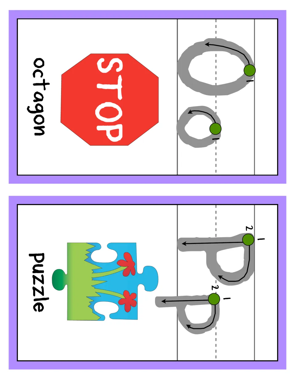 Letters O and P alphabet cards: Oo and Pp with numbered stroke-order arrows, a stop-sign octagon and a puzzle piece