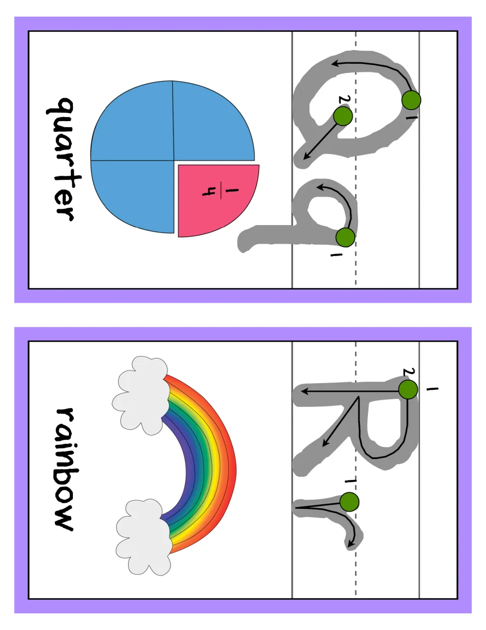 Letters Q and R alphabet cards: Qq and Rr with numbered stroke-order arrows, a circle with one quarter shaded and a rainbow
