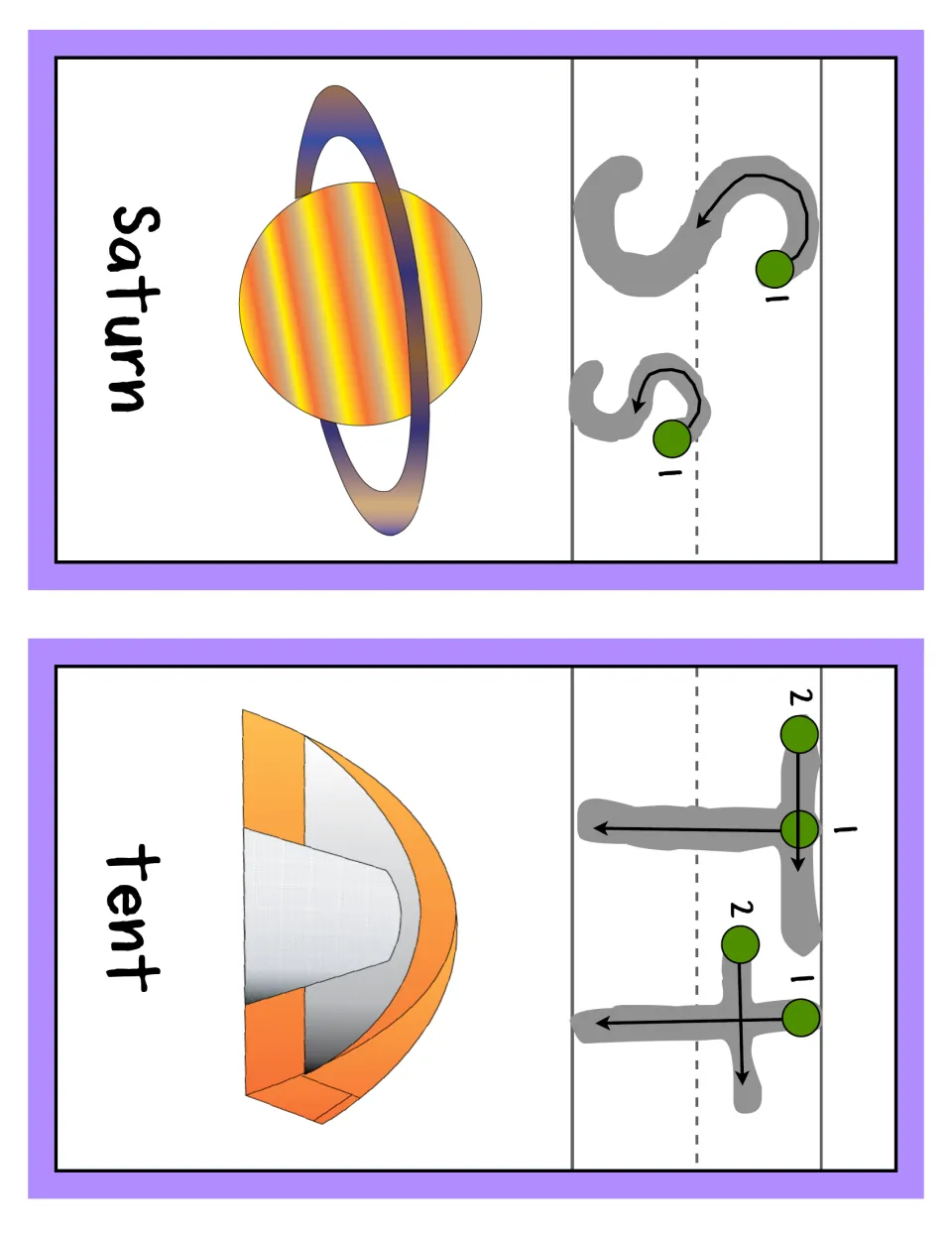 Letters S and T alphabet cards: Ss and Tt with numbered start points and arrows for forming each letter, Saturn and a tent