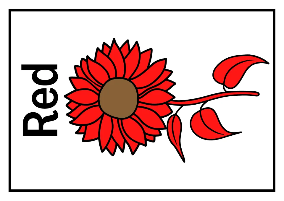 Large full-page Red poster with the word printed sideways beside a big red sunflower lying on its stem