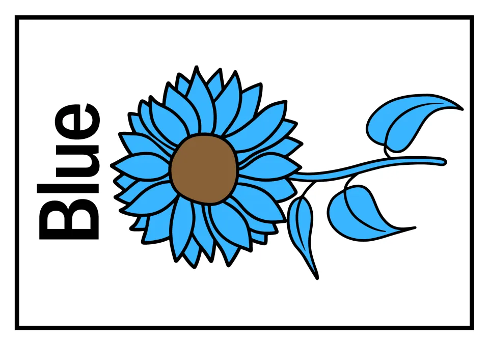 Full-page Blue poster: the word runs vertically next to an oversized sunflower in sky blue with matching leaves