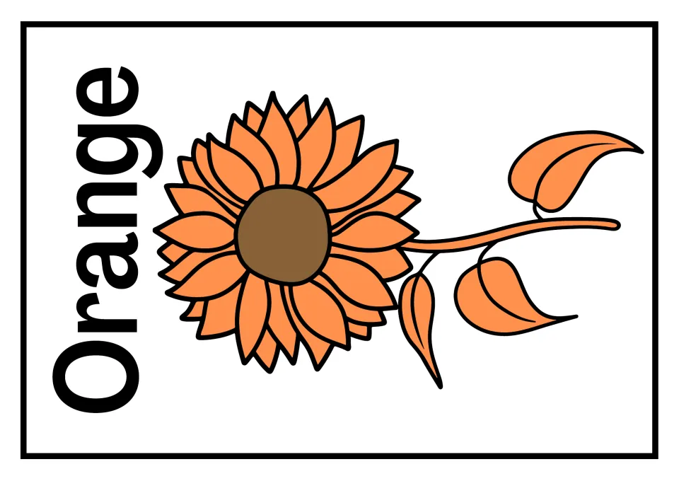 Orange poster at full size, its name set sideways along the left edge beside a large orange sunflower and stem