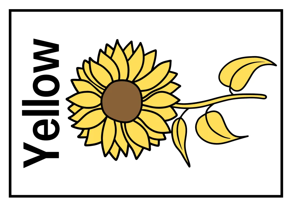 Yellow poster in the big size, pairing the turned word with a bright sunflower and leaves for linking a name to its hue