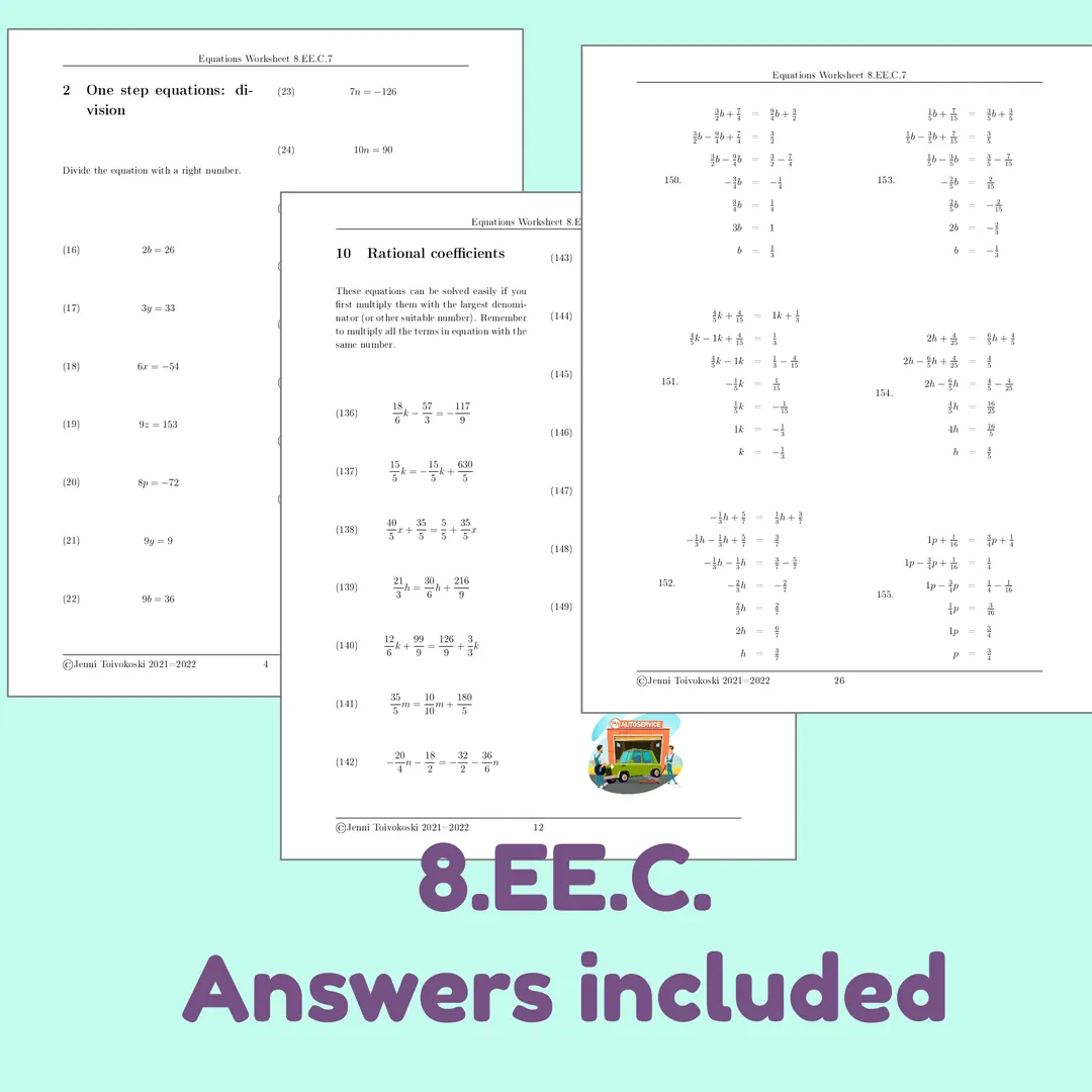 8th Grade Linear Equations – 8.EE.C.7 Practice Pack – cover