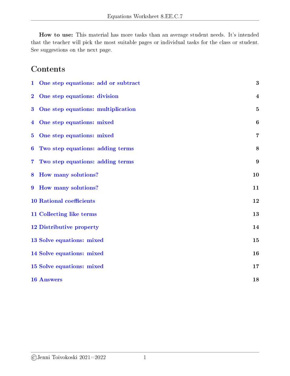 Contents list of 16 sections: one-step and two-step equations, solution counts, like terms, distributive property, answers