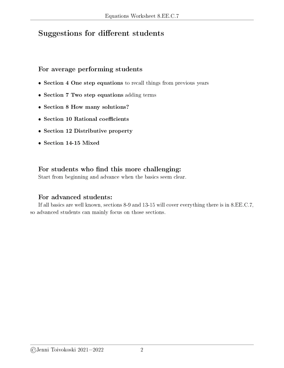 Teacher suggestions for choosing sections by student level: average, needing more support, and advanced learners