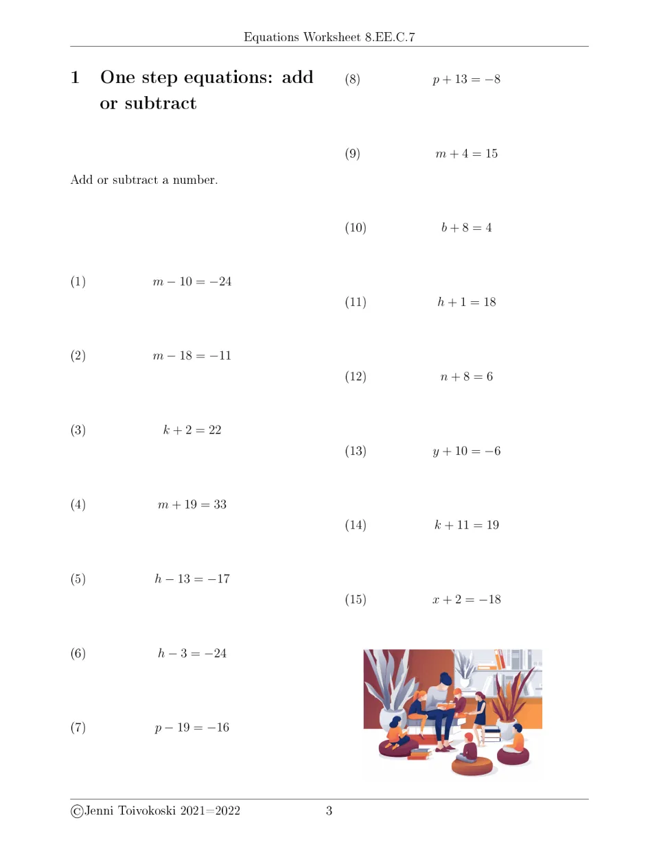 One-step addition and subtraction: students solve 15 equations like m − 10 = −24 by adding or subtracting a number