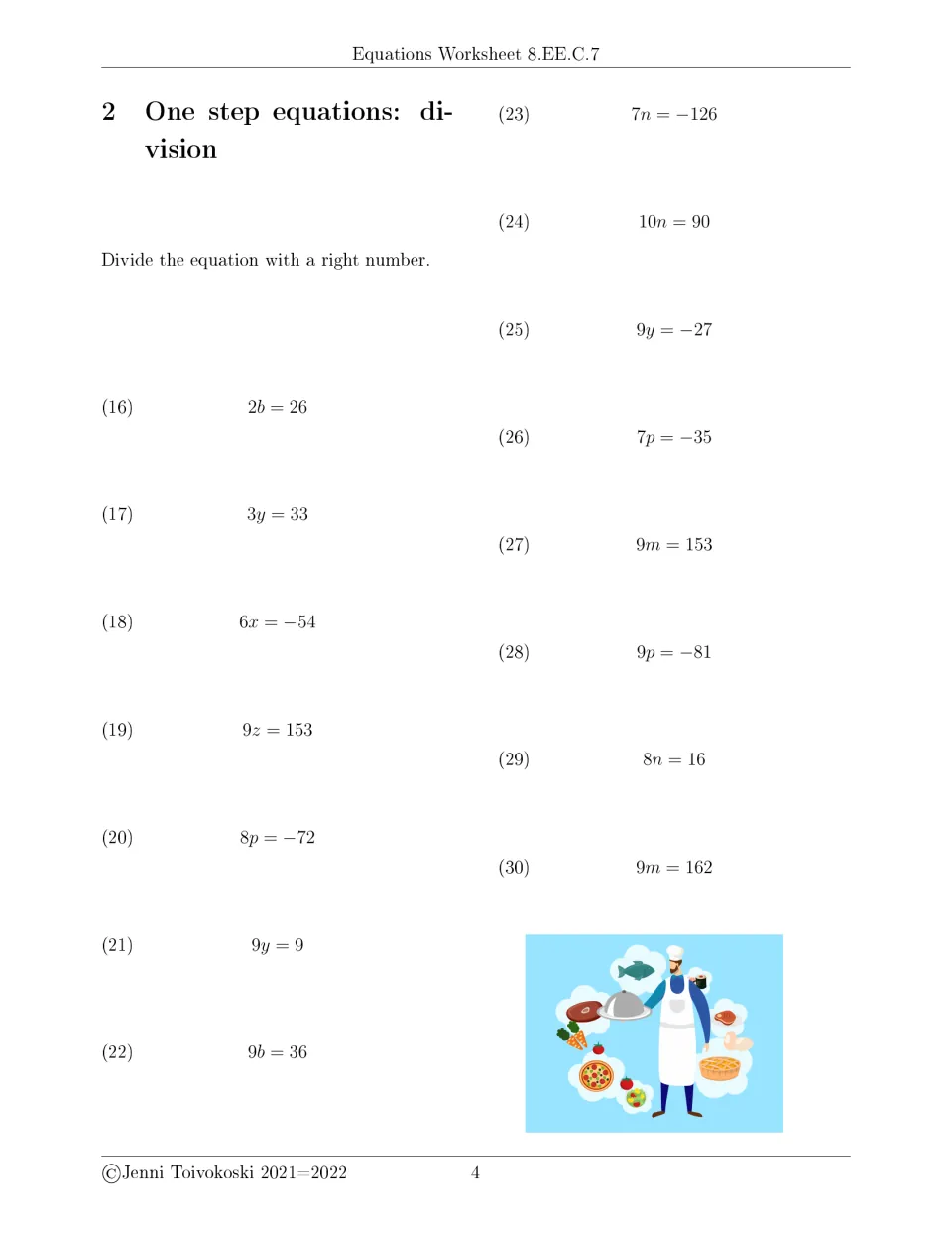 One-step equations by division: students divide both sides to solve 15 items such as 2b = 26 and 7n = −126