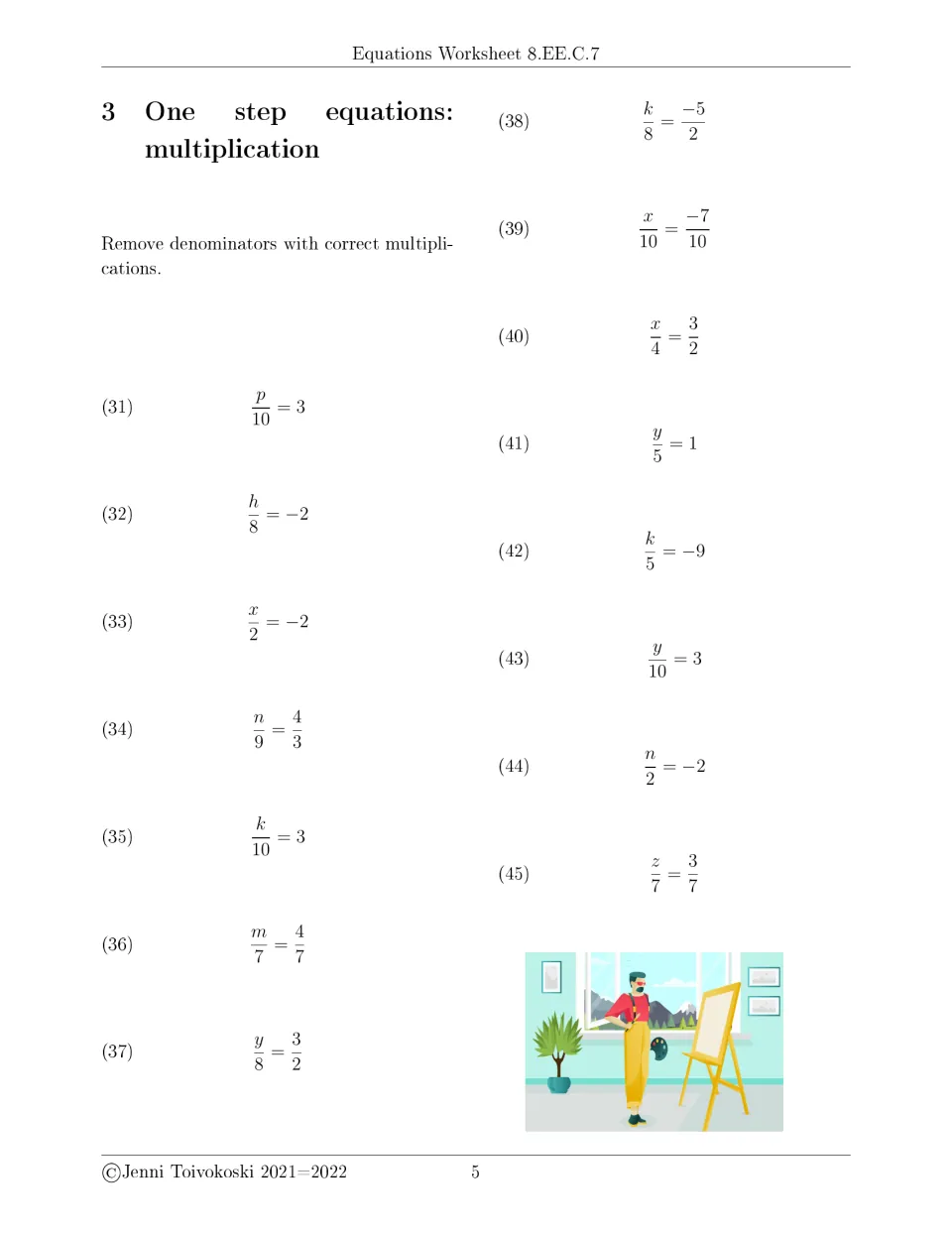 One-step equations with fractions: students multiply to clear denominators in 15 items such as p/10 = 3 and n/9 = 4/3