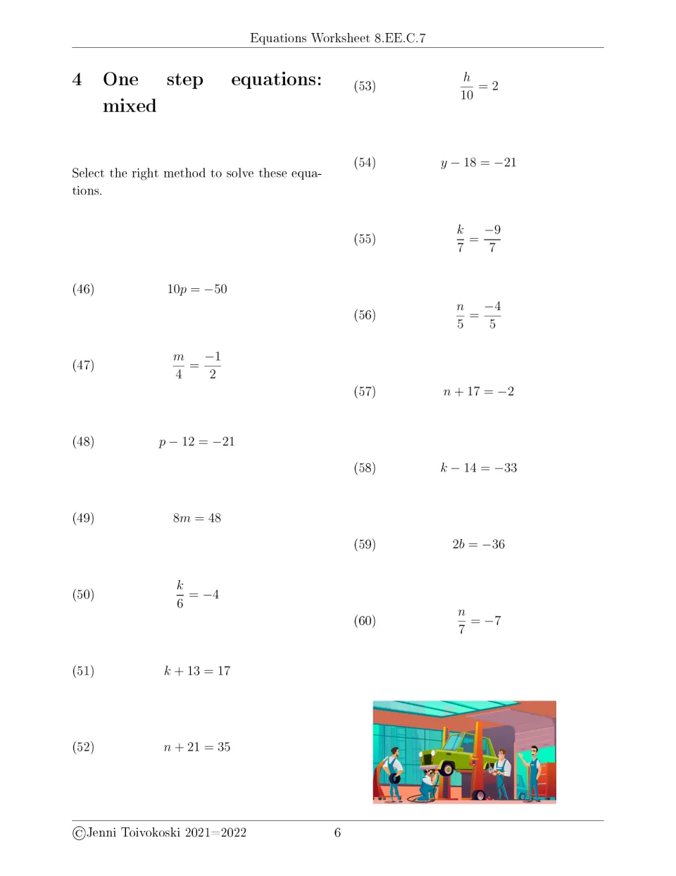 Mixed one-step equations, set 1: students choose the right inverse operation for 15 items like 10p = −50 and k/6 = −4