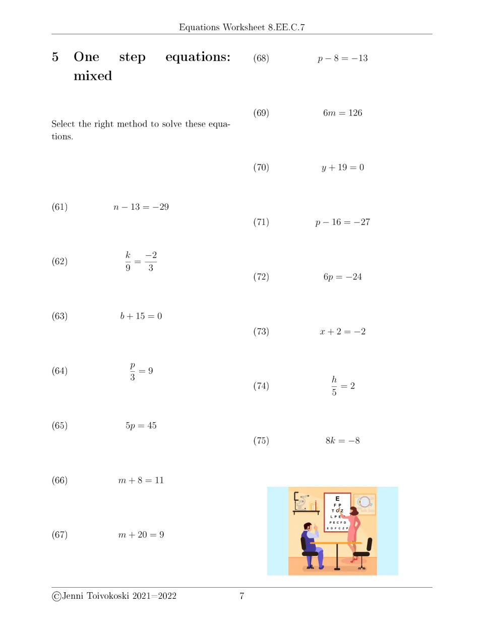 Mixed one-step equations, set 2: 15 items such as n − 13 = −29, 6m = 126 and y + 19 = 0, solved in a single operation
