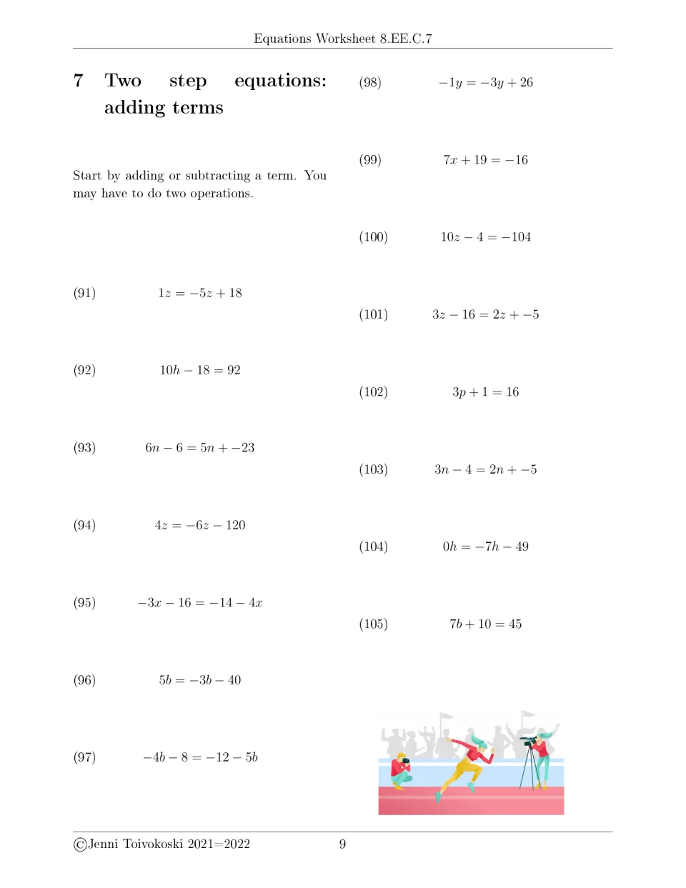 Two-step equations, set 2: 15 items such as 10h − 18 = 92 and −3x − 16 = −14 − 4x, starting by adding or subtracting a term