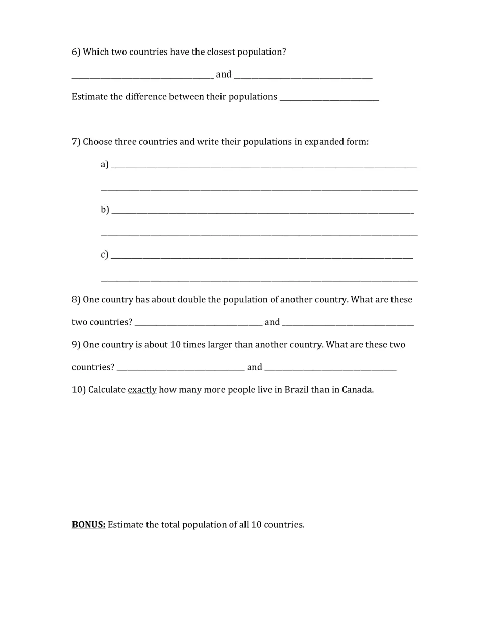 Population comparisons: students use expanded form, find closest and doubled pairs, and subtract Canada from Brazil