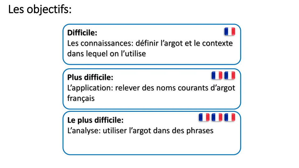 Lesson objectives: define slang and its context, identify common French slang nouns, and use slang in sentences