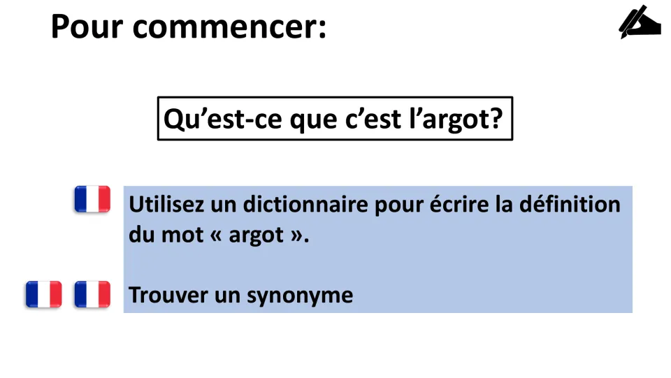 Starter activity asks students to use a dictionary to define “argot” (slang) and find a synonym
