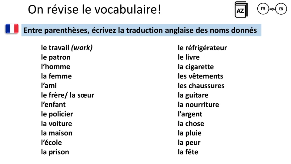 Vocabulary review asks for English translations of 24 French nouns, including travail (work) and patron (boss)