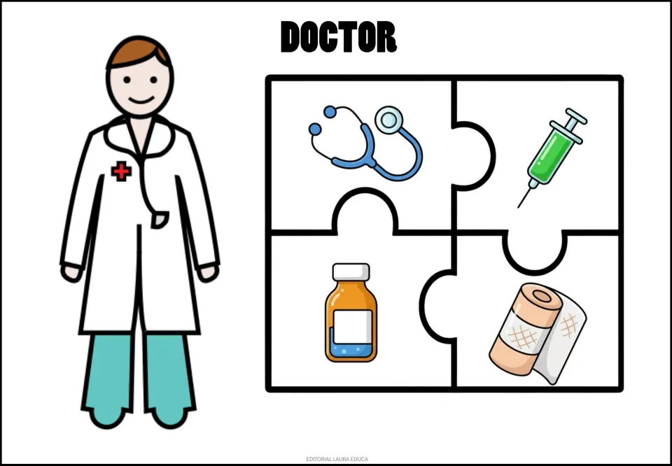 Doctor puzzle: a doctor beside four pieces showing a stethoscope, syringe, medicine bottle and bandage roll.