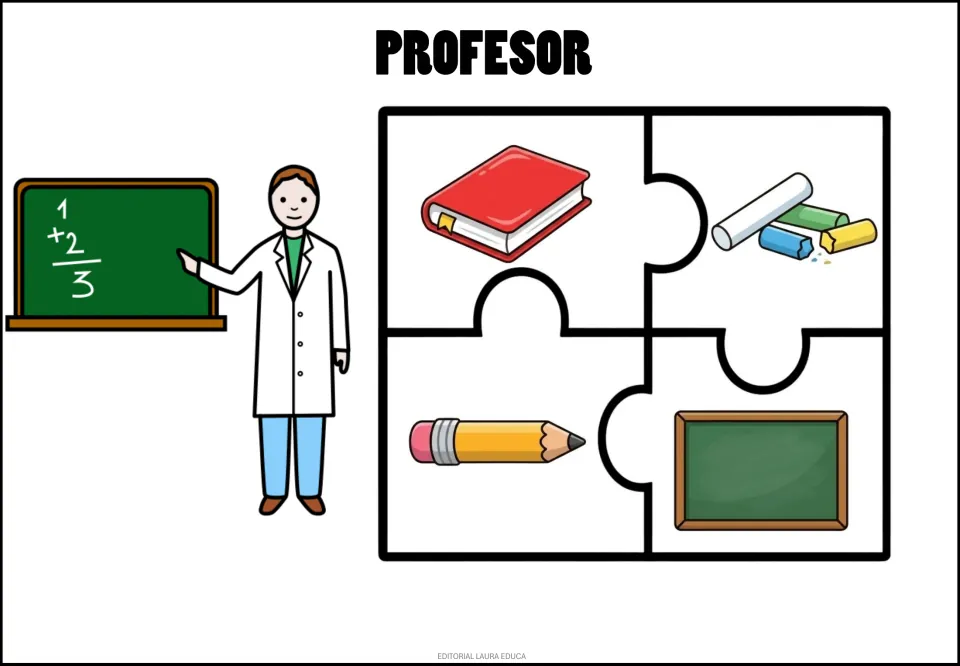 Profesor (teacher) puzzle: a teacher beside four pieces showing a book, chalk, pencil and chalkboard.