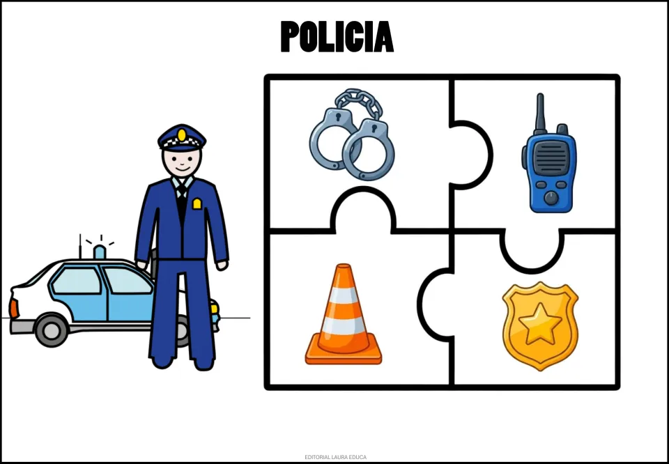 Policia (police officer) puzzle: an officer and four pieces showing handcuffs, radio, traffic cone and badge.