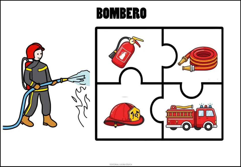 Bombero (firefighter) puzzle: a firefighter and four pieces showing an extinguisher, hose, helmet and fire truck.