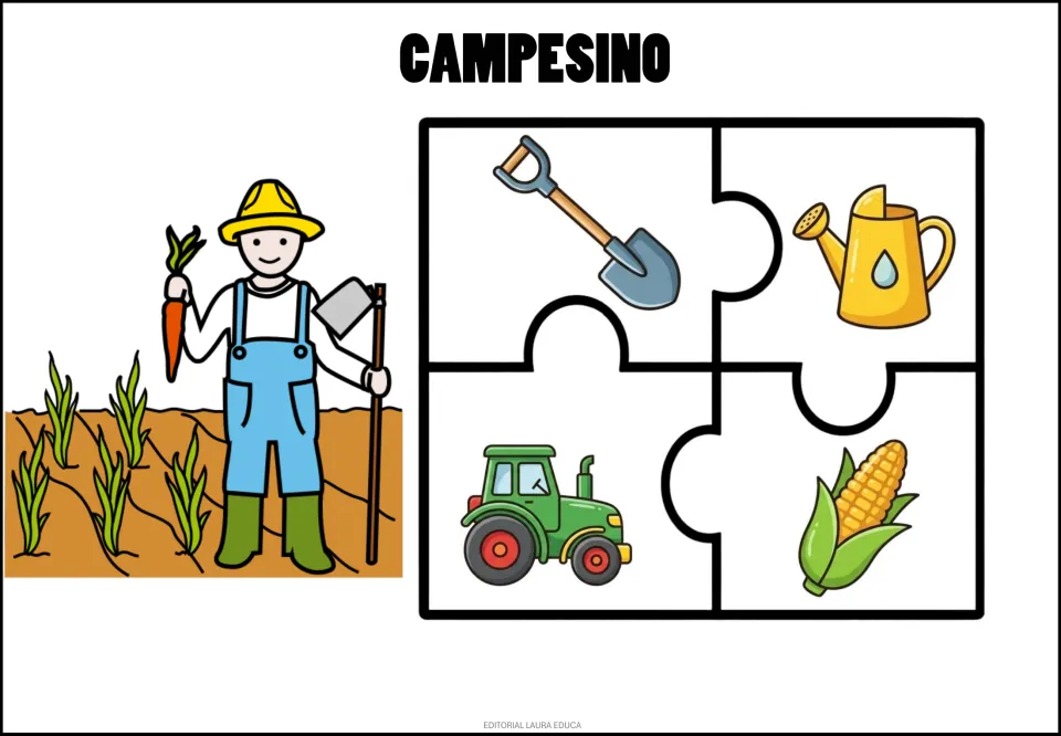 Campesino (farmer) puzzle: a farmer beside four pieces showing a shovel, watering can, tractor and corn.