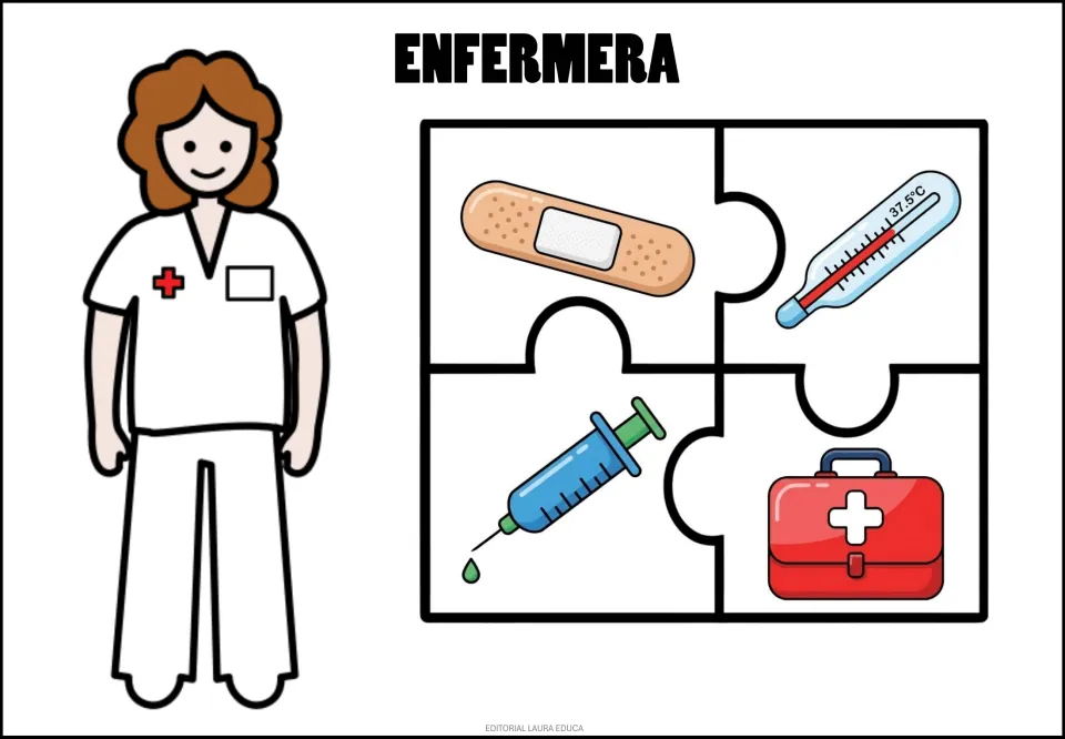 Enfermera (nurse) puzzle: a nurse beside four pieces showing a bandage, thermometer, syringe and first aid kit.