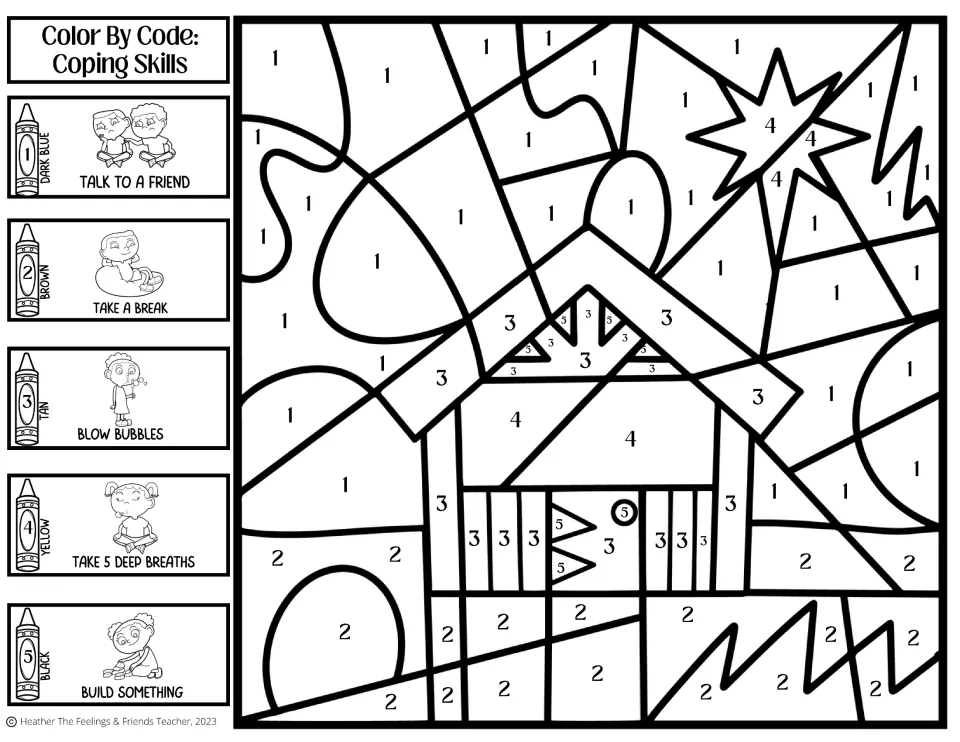 Stable and star coping-skills color-by-number activity with five strategies, including blow bubbles
