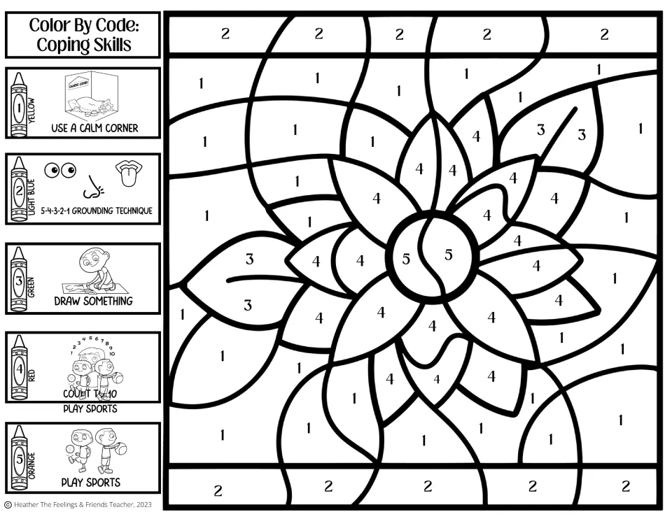 Flower coping-skills color-by-number activity with use a calm corner, grounding, and draw something