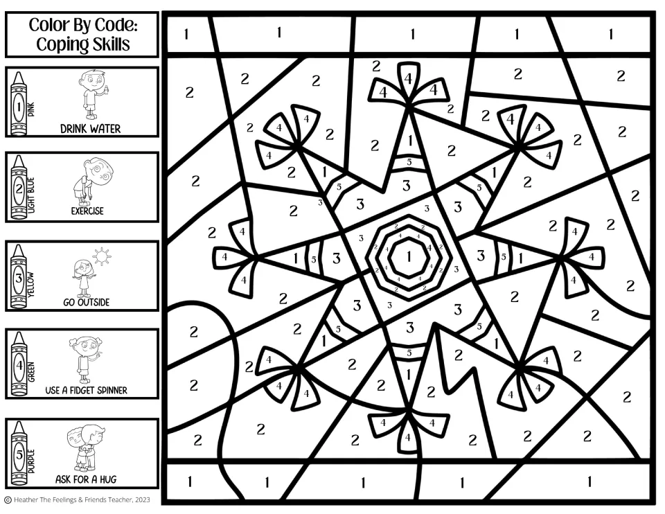 Star piñata coping-skills color-by-number activity with five strategies, including use a fidget spinner