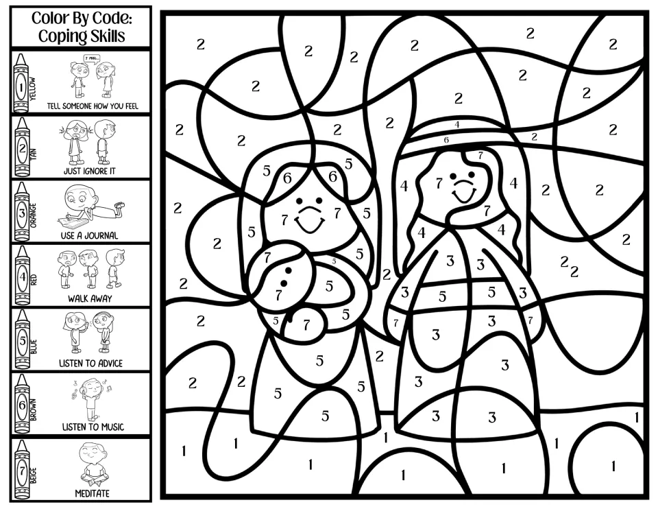 Mary, Joseph, and baby coping-skills color-by-number activity with seven strategies, including walk away
