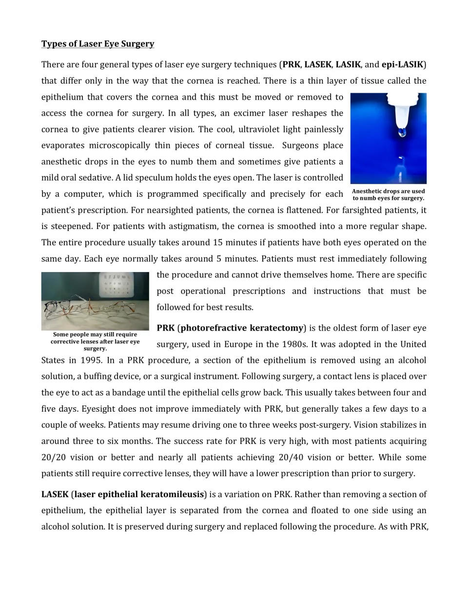 Article part 3 introduces four laser surgery techniques, explains the procedure, and details PRK and LASEK.