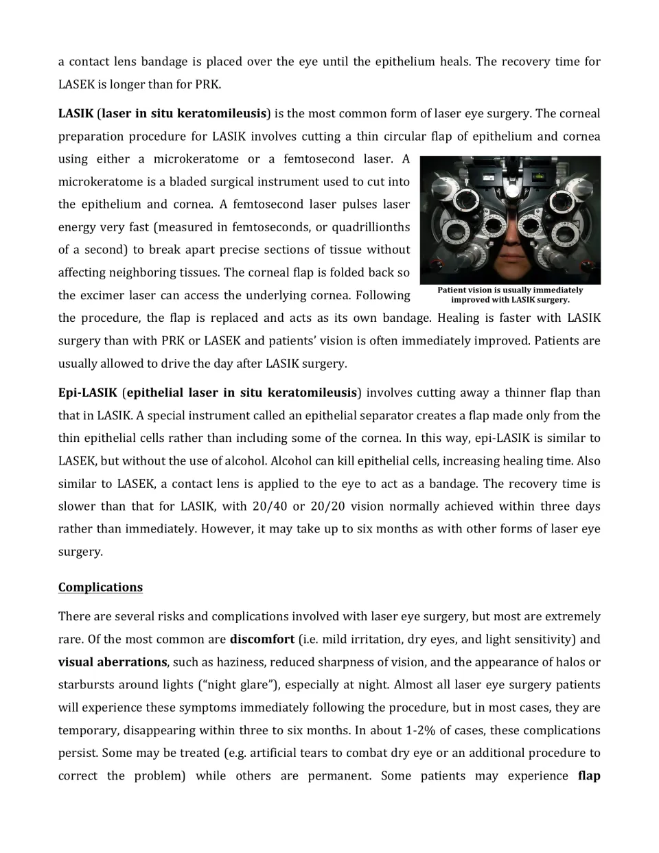 Article part 4 continues LASEK recovery, explains LASIK and epi-LASIK, and introduces surgery complications.