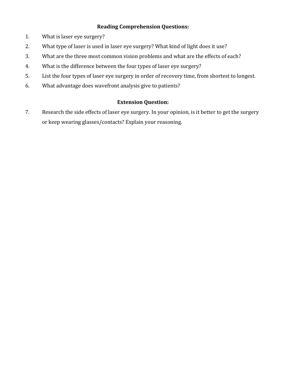 Six comprehension questions address eye surgery and vision; a research extension asks students to weigh surgery.
