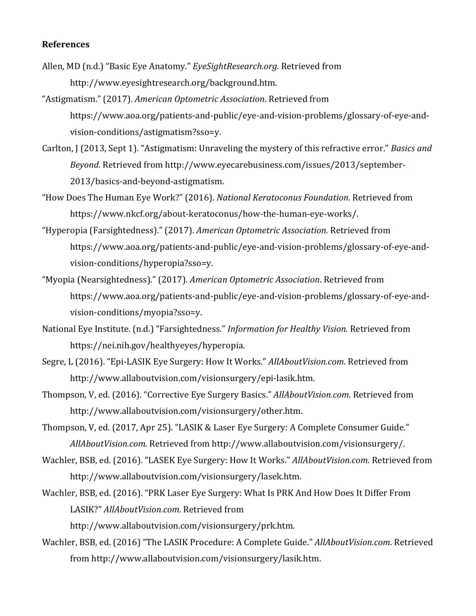 References for the article list sources on eye anatomy, vision problems, and laser eye surgery techniques.