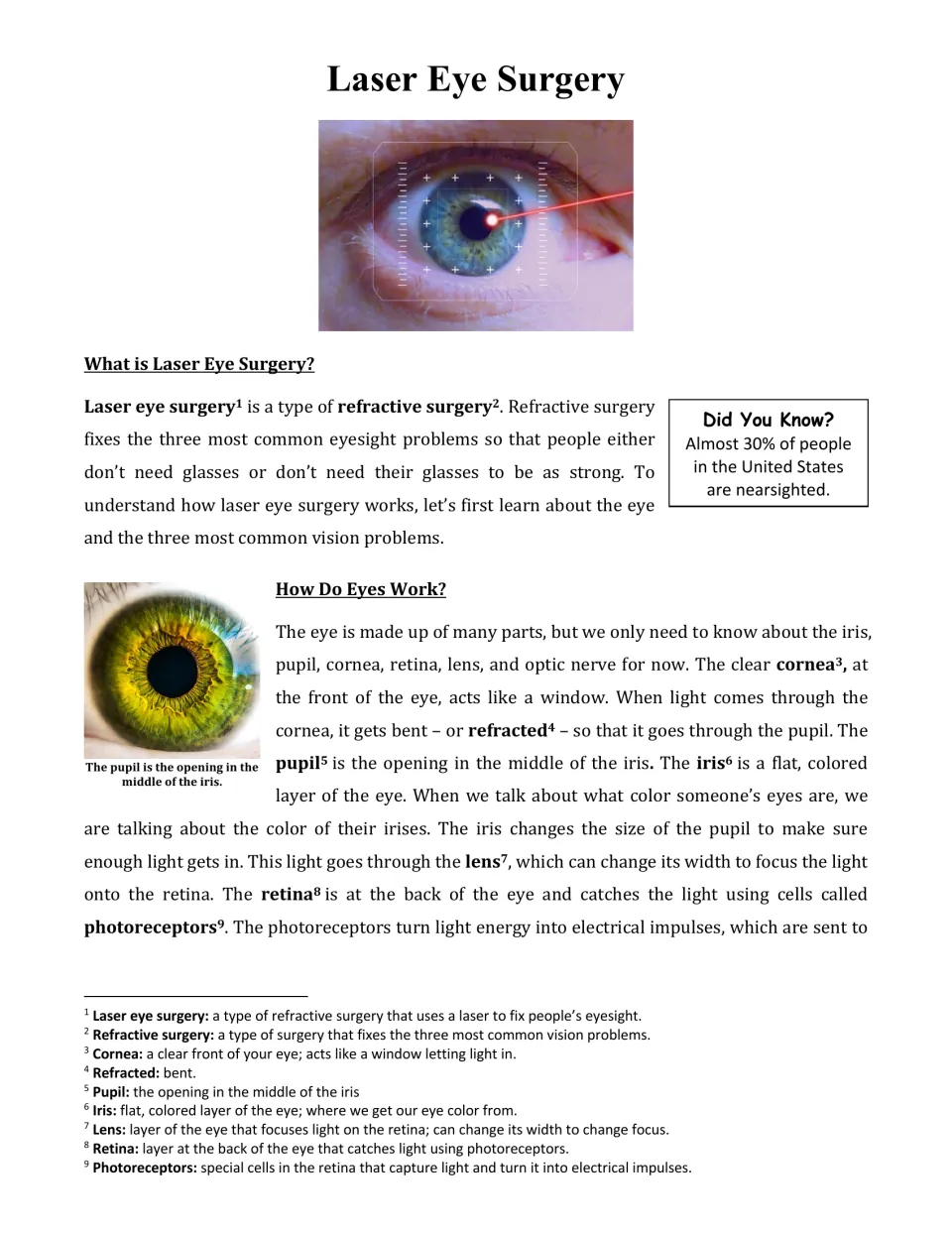 Laser eye surgery article opener: students read how the eye works, from cornea and iris to retina, with glossary footnotes