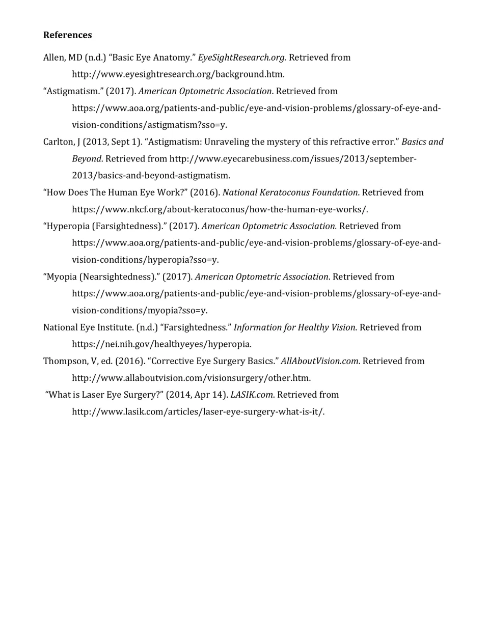References: nine sources on eye anatomy, astigmatism, myopia, hyperopia and LASIK, such as the National Eye Institute