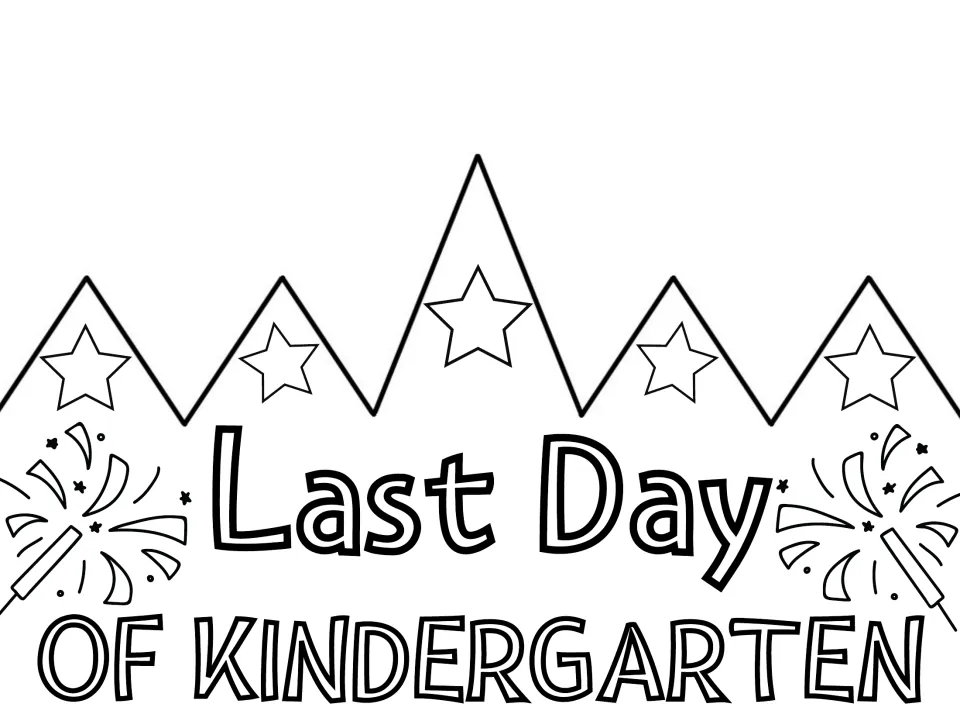 Last Day of Kindergarten coloring crown: students color outlined stars, sparklers and lettering before cutting it out